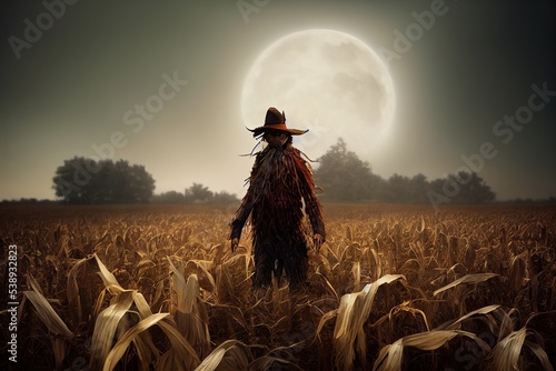 Fotografiet This is a 3D illustration of a scarecrow coming to life on halloween