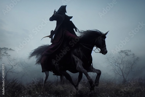 This is a 3D illustration of the headless horseman, The legend of the sleep hallows.