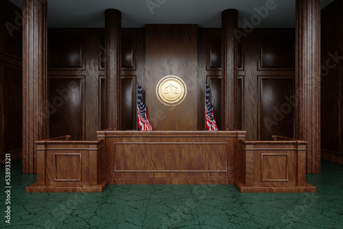 Conference room, American court, judge's seat. 3D illustration, 3D rendering.