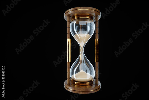 Classic hourglass isolated on black background. 3D illustration, 3D rendering.