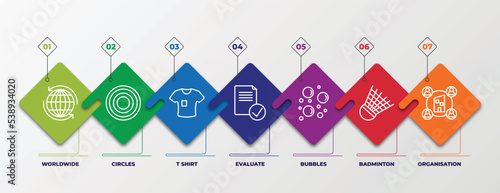 infographic template with outline icons. thin line icons such as worldwide, circles, t shirt, evaluate, bubbles, badminton, organisation editable vector. can be used for web, mobile, info graph.