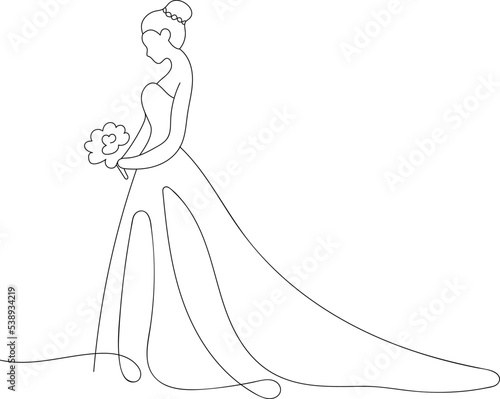 Bride one line art icon flat vector illustration isolated for wedding invitation. Bride icon, bride silhouette side view wearing a wedding dress. Continuous line hand drawn