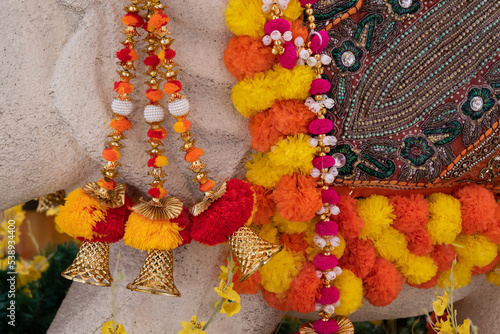 Close-up view of the decorative on the ganesha elephant statues.