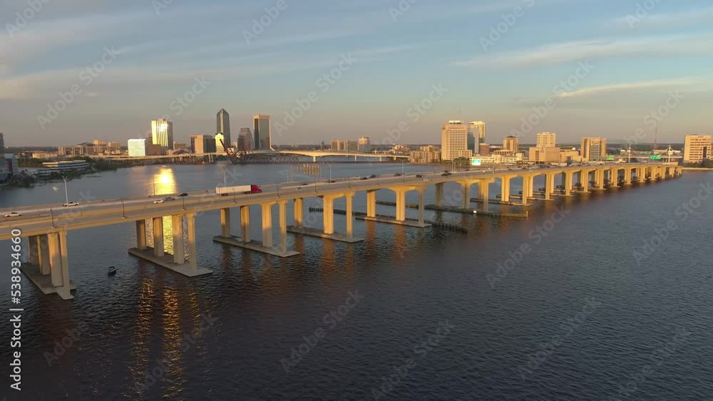 Jacksonville Sunset Aerial overlooking downtown and fuller warren bridge 10-16-22 Jacksonville Sunset Aerial overlooking downtown and fuller warren bridge 10-16-22