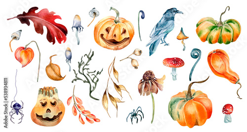 Clipart of Halloween colorful plants watercolor illustration isolated on white background.