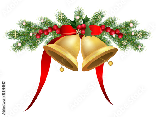 Christmas traditional spruce garland decorated with golden bells, holly branch, and red ribbon
