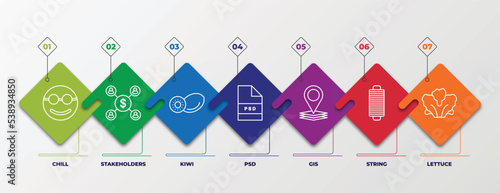 infographic template with outline icons. thin line icons such as chill, stakeholders, kiwi, psd, gis, string, lettuce editable vector. can be used for web, mobile, info graph.