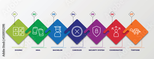 infographic template with outline icons. thin line icons such as domino, mma, bachelor, canceled, security system, coordinator, tortoise editable vector. can be used for web, mobile, info graph.