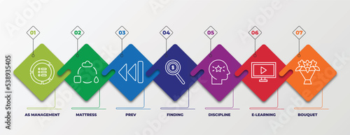 infographic template with outline icons. thin line icons such as as management, mattress, prev, finding, discipline, e-learning, bouquet editable vector. can be used for web, mobile, info graph.
