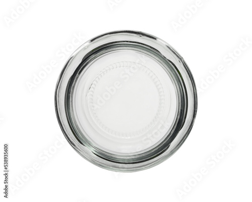 An empty open glass jar. Isolated on a white background, top view