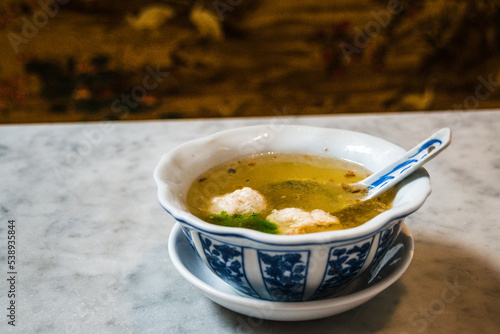 An appetiser of Crab and Chicken Meatballs  in chicken consomme