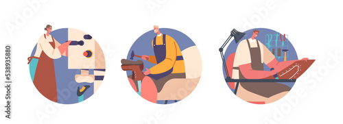 Shoemakers Create Footgear Isolated Round Icons or Avatars. Cobbler Profession, Occupation, Job, Craftsman Artisan