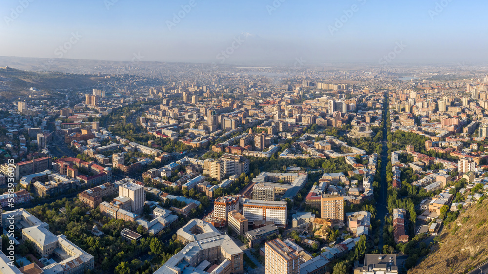 Panoramic aerial view of Yerevan city on sunny summer day, Armenia.