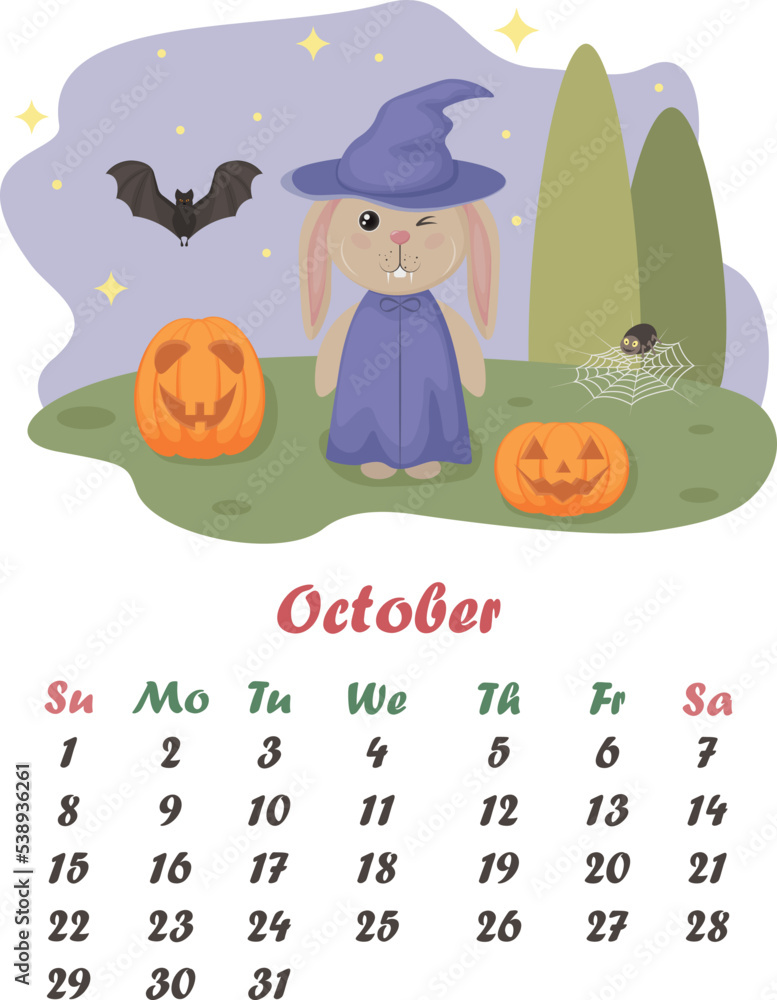 Fototapeta premium Calendar October. Cute bunny in a hat and a witch s cloak. The hare stands next to pumpkins, spiders and a bat, against the background of the starry sky. Halloween. Vector illustration