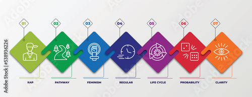 infographic template with outline icons. thin line icons such as rap, pathway, feminism, regular, life cycle, probability, clarity editable vector. can be used for web, mobile, info graph.
