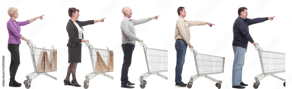 a group of people with a shopping cart point their fingers in front of them a group of people with a shopping cart point their fingers in front of them