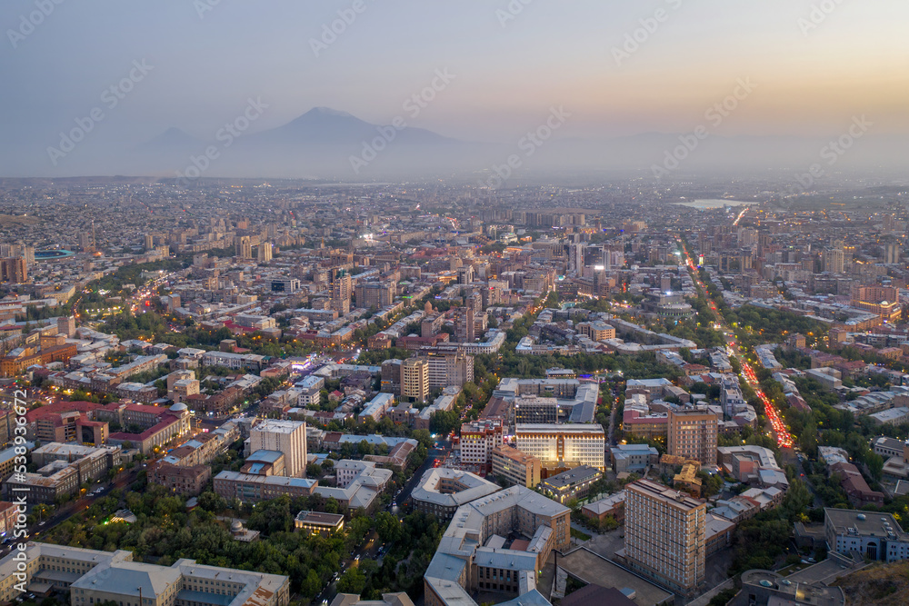 Aerial view of centre of Yerevan and Mesrop Mashtots Avenue on early blue hour, Armenia.