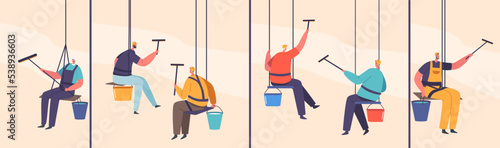 Window Washers Male Characters in Uniform with Equipment Cleaning Huge Building Glass. Professional Cleaners