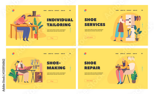 Cobbler Professional Occupation Landing Page Template Set. Shoemakers Create Handmade Footgear Vector Illustration