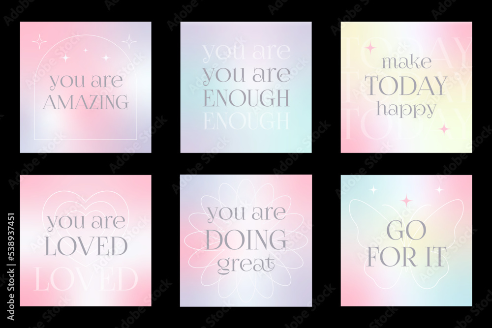 Grainy vector mesh gradients with soft transitions. Pastel colors. Y2k gradient postcards quotes. Trendy minimalist designs for banners, social media, covers.