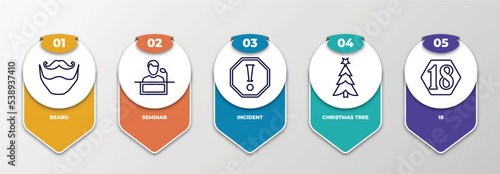 infographic template with outline icons. thin line icons such as beard, seminar, incident, christmas tree, 18 editable vector. can be used for web, mobile, info graph.