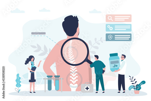 Orthopedist with magnifying glass examines back of patient. Doctors diagnose man with curvature of spine