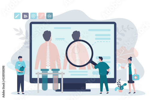 Orthopedist with magnifying glass examines back of patient. Doctor holding medical report