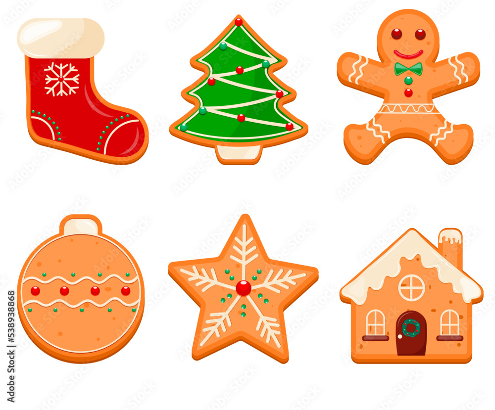 Naklejka premium Cartoon gingerbread cookies set. Christmas vector elements for illustration, cards, banners and holiday backgrounds. Delicious homemade cookies. 