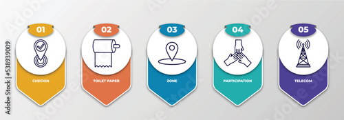 infographic template with outline icons. thin line icons such as checkin, toilet paper, zone, participation, telecom editable vector. can be used for web, mobile, info graph.