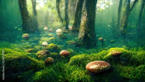 Fairytale magic forest with beautiful green grass and mushrooms, fantasy forest with tall trees and beautiful lighting.