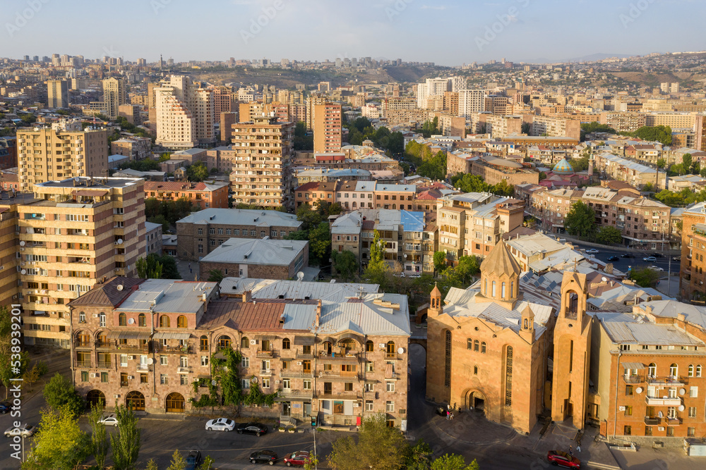 Aerial view of Yerevan and Saint Sarkis Cathedral (Surp Sarkis) on sunny evening, Armenia.