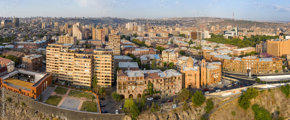Panoramic aerial view of Yerevan and Saint Sarkis Cathedral (Surp Sarkis) on sunny summer evening. Armenia.