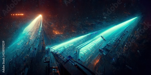 Fototapeta Naklejka Na Ścianę i Meble -  Hallway in futuristic space station facility, with neon lights and cinematic lighting look