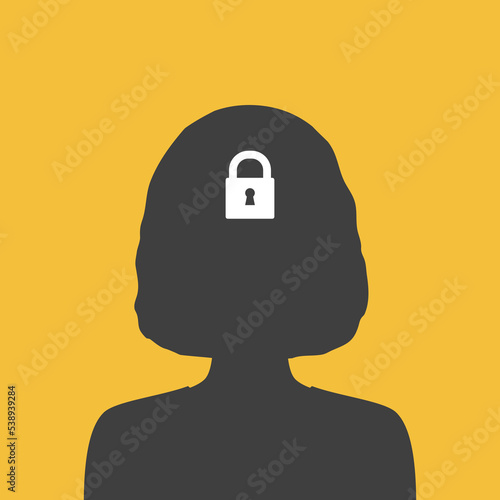 Woman with padlock in head. Human with lock mind.	