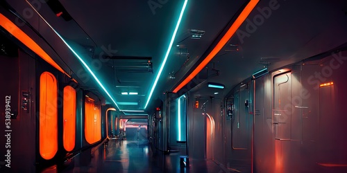 Fototapeta Naklejka Na Ścianę i Meble -  Hallway in futuristic space station facility, with neon lights and cinematic lighting look