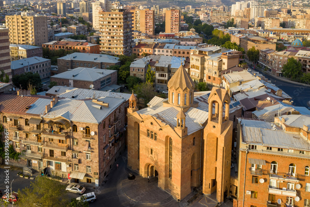 Aerial view of Saint Sarkis Cathedral (one of the most interesting churches in the city) on sunny summer evening. Yerevan, Armenia.