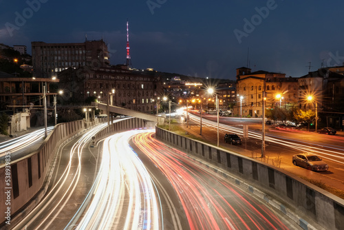 View of city traffic in the night. Yerevan, Armenia.
