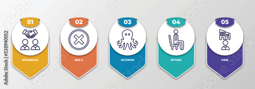 infographic template with outline icons. thin line icons such as introduce, red x, octopus, sitting, firm editable vector. can be used for web, mobile, info graph.