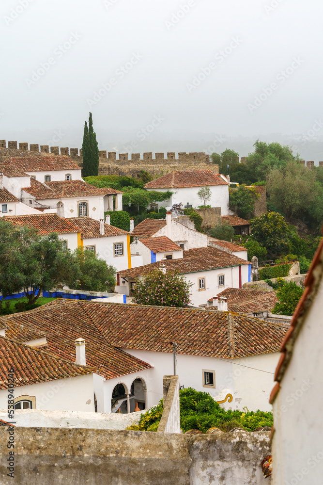 old village rooftop view on a misty day