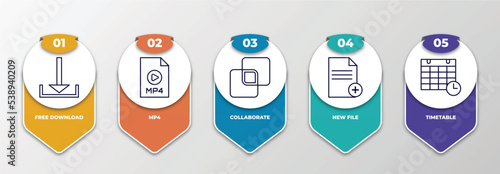 infographic template with outline icons. thin line icons such as free download, mp4, collaborate, new file, timetable editable vector. can be used for web, mobile, info graph.