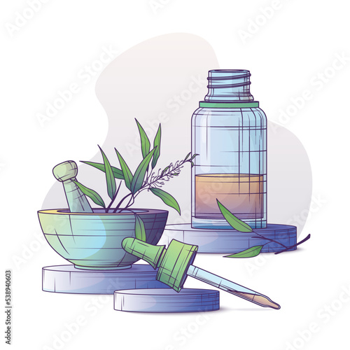 Illustration of glass bottle of tea tree essential oil. Mortar and pestle. Pipette. Vector illustration for cosmetic, perfumery, aromatherapy. Glass bottle with dropper. 