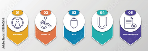 infographic template with outline icons. thin line icons such as accounts, disability, nuts, u, purchase order editable vector. can be used for web, mobile, info graph.