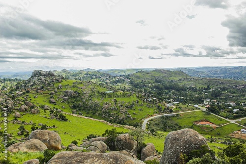 View of a rural area with green rocky hills. Eswatini, Southern Africa.