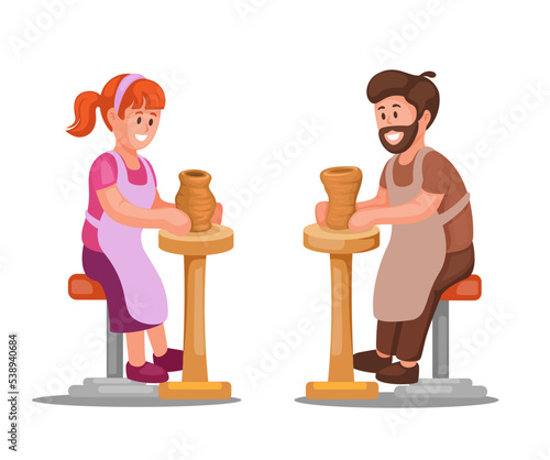 People in potter class making clay vase, craft handmade artist illustration vector