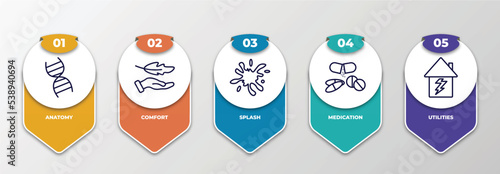 infographic template with outline icons. thin line icons such as anatomy, comfort, splash, medication, utilities editable vector. can be used for web, mobile, info graph.