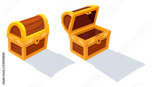 Open and close the mystery wooden chest isometric. Treasure on white background. Random a secret loot box concept. Vector illustration cartoon flat design. photo
