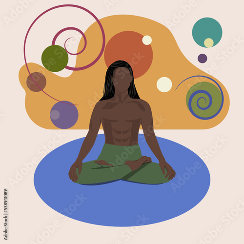 Calmness of the black man with long hair in lotus position doing yoga