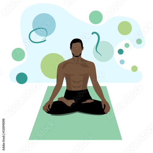 Calmness of the black man with short hair in lotus position doing yoga