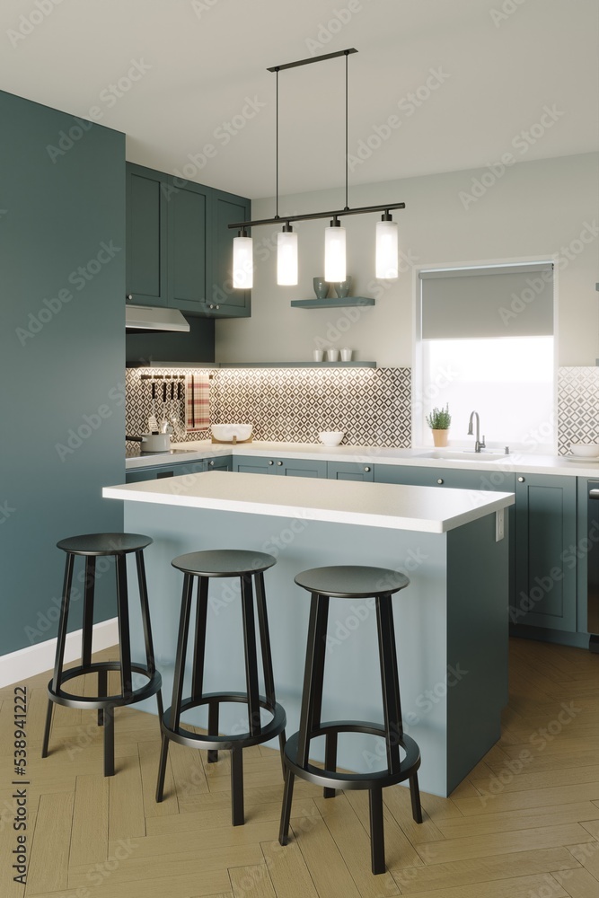 3D rendering of a kitchen with tall cabinets and kitchen utensils. 3D rendering of a kitchen with tall cabinets and kitchen utensils.