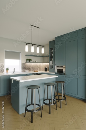 3D rendering of a kitchen with tall cabinets and kitchen utensils.